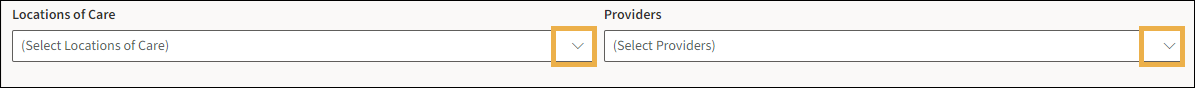 Locations of Care and Provider fields with yellow highlight boxes around the drop down menu options.